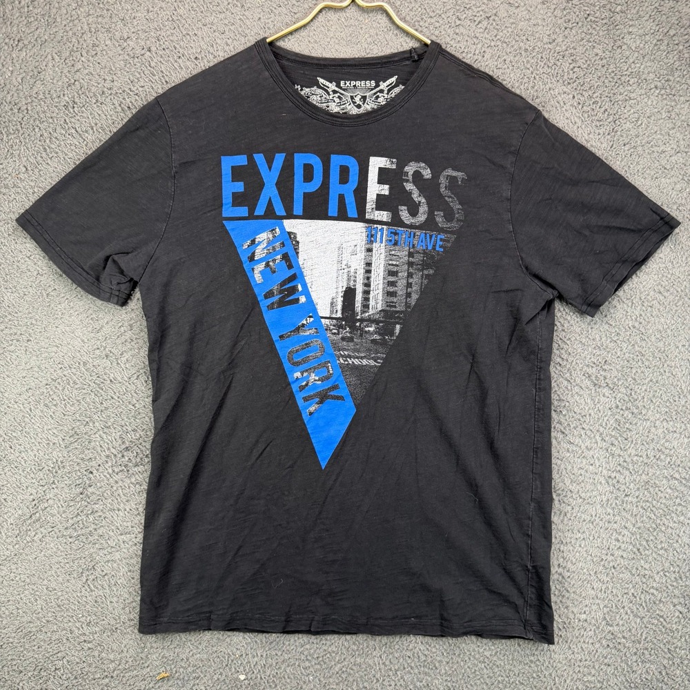 Express Mens T-Shirt Large Black Graphic New York 5th Ave Slub Cotton Tee